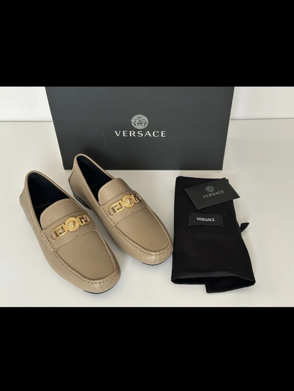 Versace Taupe Leather Slip-On Loafers with Gold Chain Accent Men